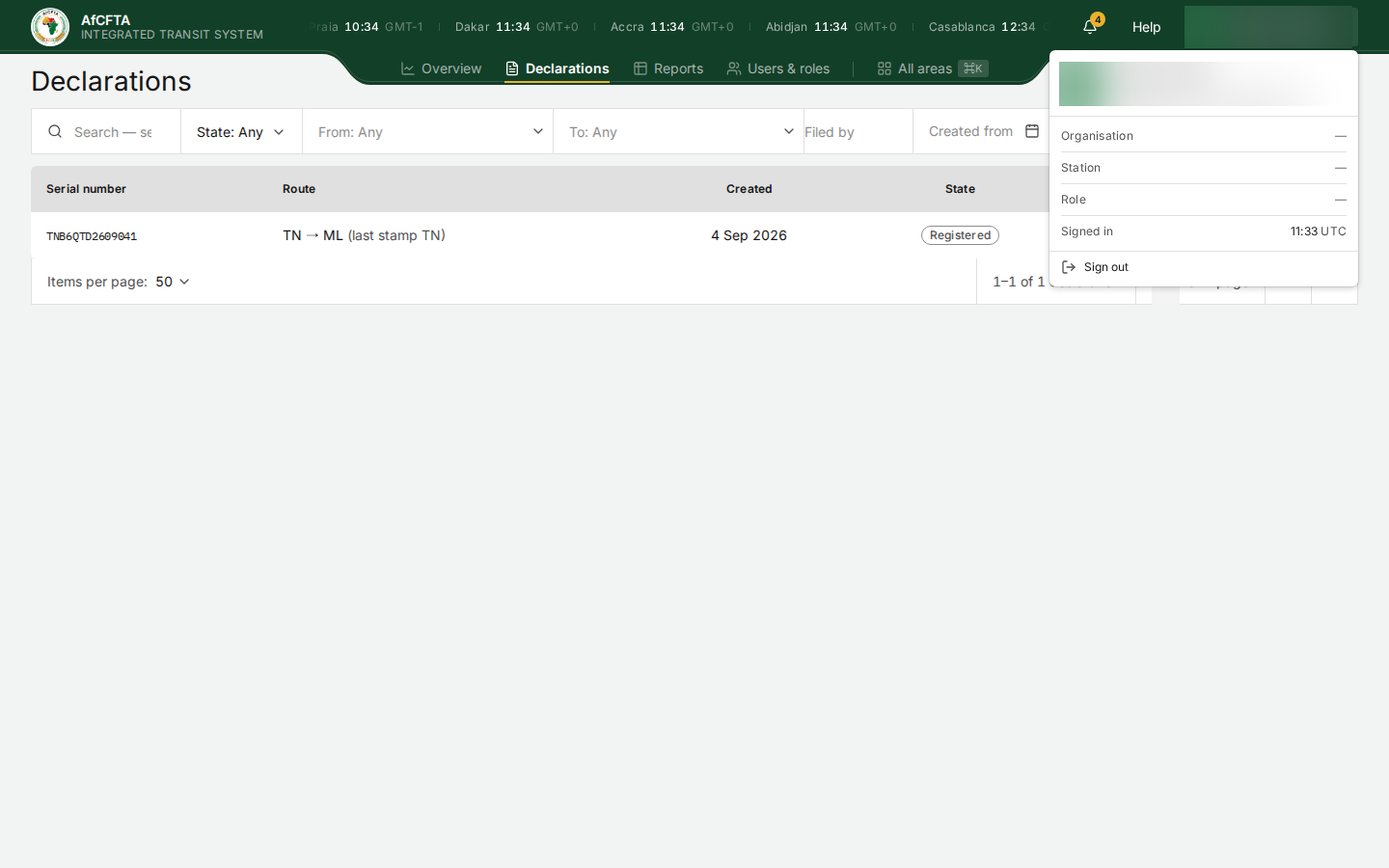 The account menu for a State Party, with Organisation, Station and Role all shown as dashes; the name and e-mail are blurred
