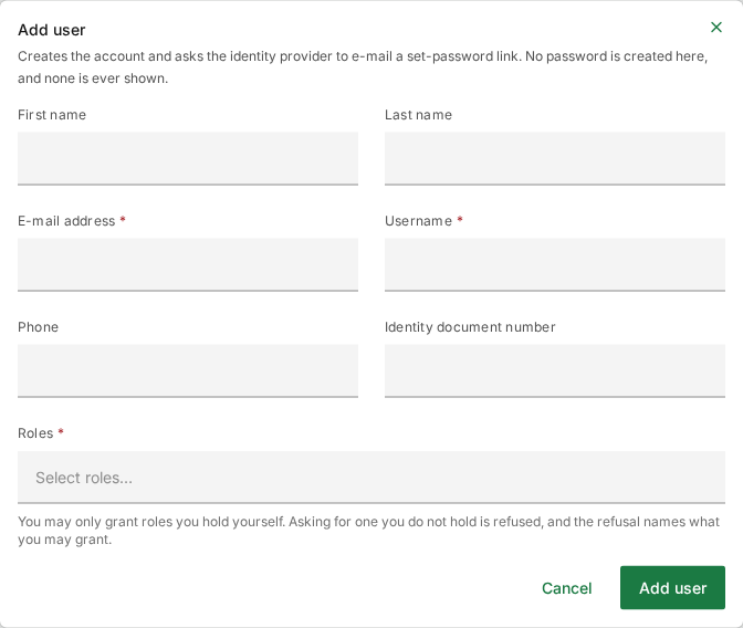 The Add user window: First name, Last name, E-mail address, Username, Phone, Identity document number and Roles