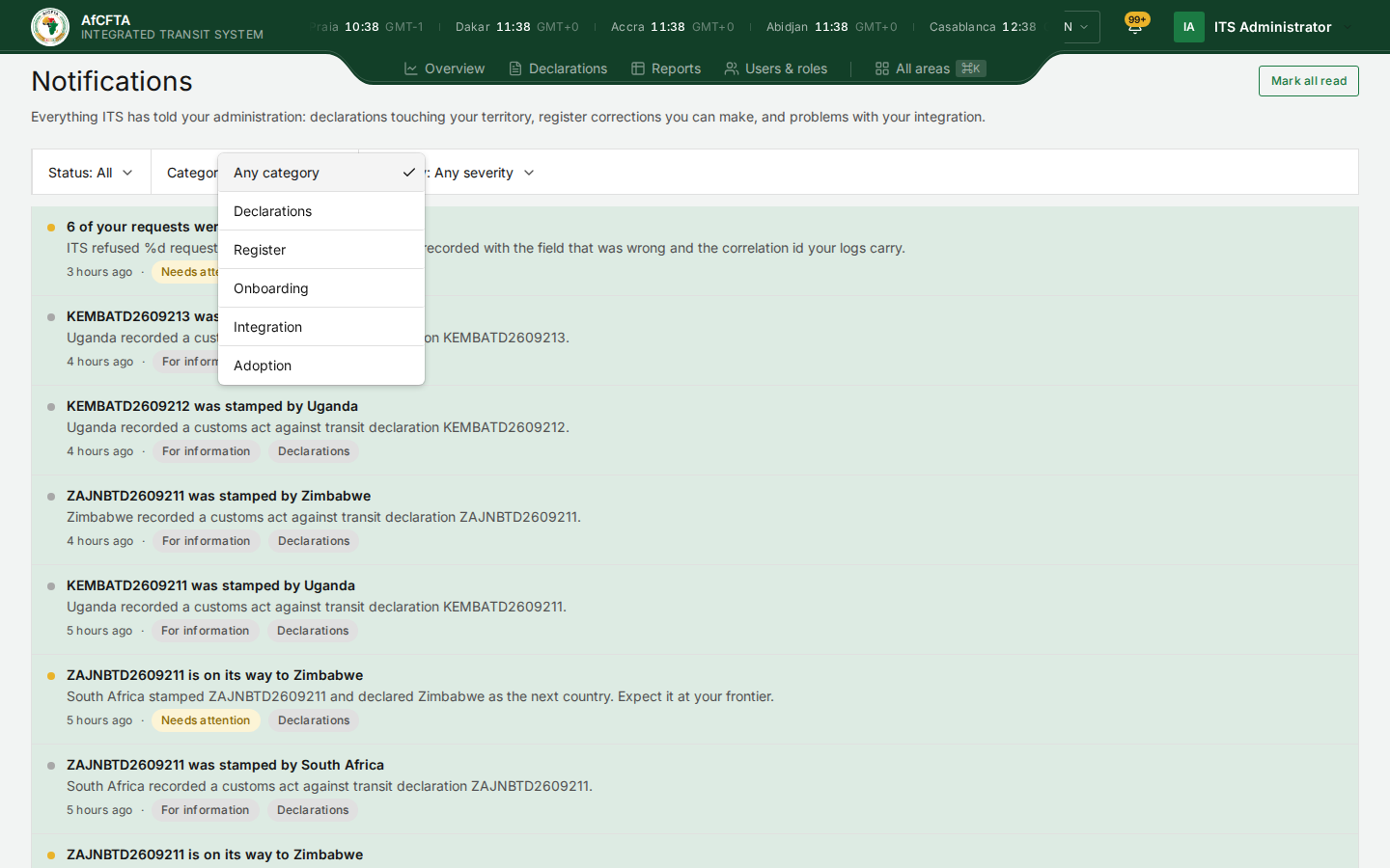 The Category filter open: Any category, Declarations, Register, Onboarding, Integration and Adoption
