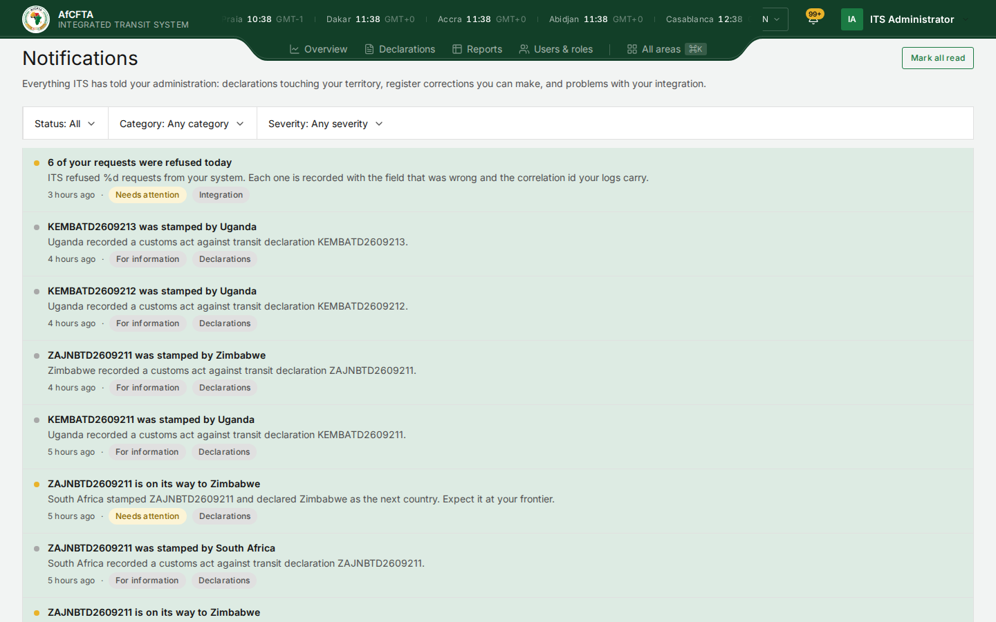 The notification centre for the Secretariat: the Status, Category and Severity filters, and a list of notices, each with a title, a sentence, when, a severity and a category