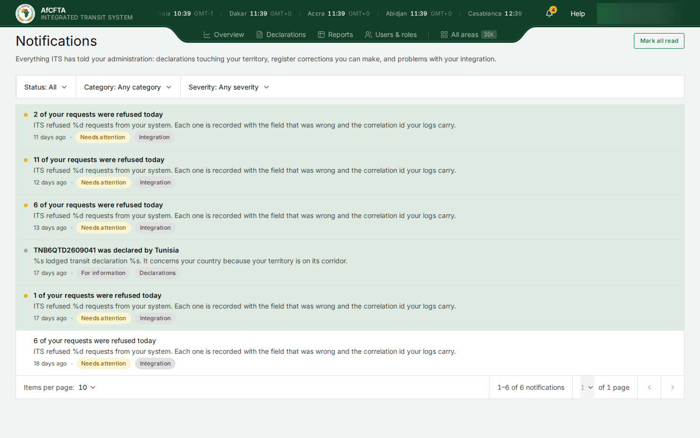 The notification centre for a State Party: five refusal notices and one declaration notice, with placeholder text such as %d and %s in the sentences