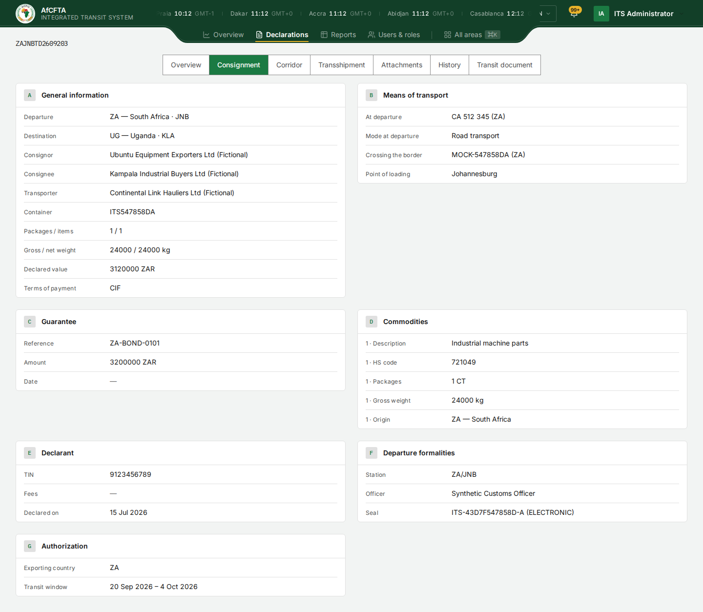 The Consignment tab: sections A General information, B Means of transport, C Guarantee, D Commodities, E Declarant, F Departure formalities and G Authorization