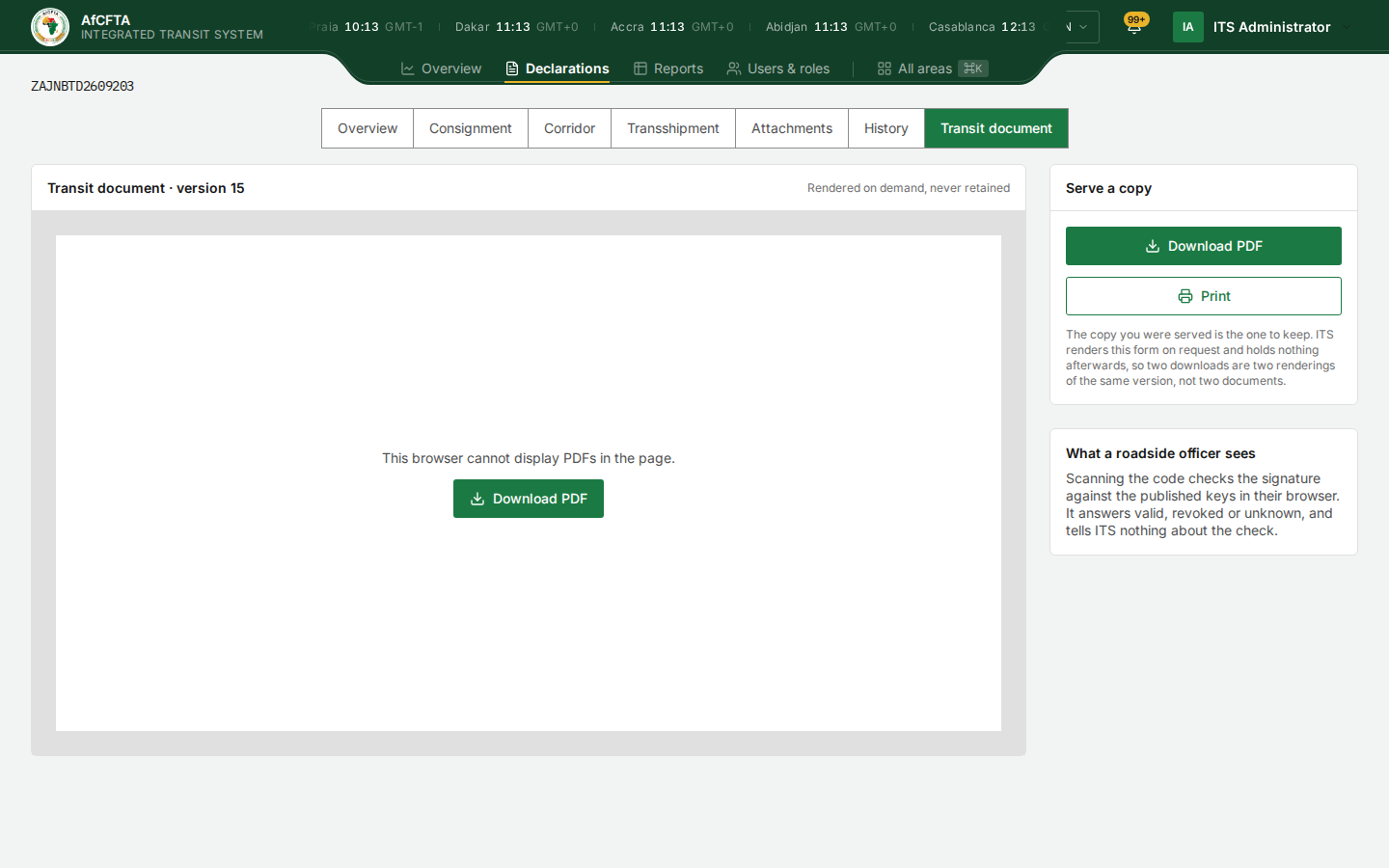 The Transit document tab: the document area on the left, headed Transit document · version 15 and Rendered on demand, never retained, and on the right the Serve a copy card with Download PDF and Print, and What a roadside officer sees