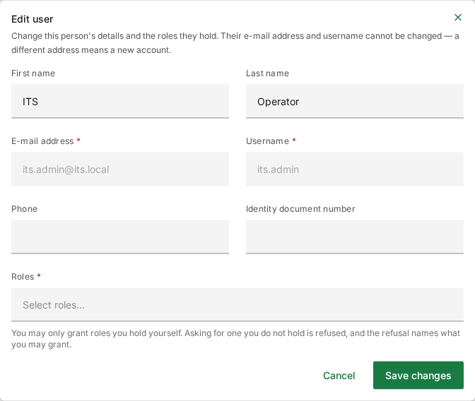 The Edit user window for the operator account, with the e-mail address and username greyed out
