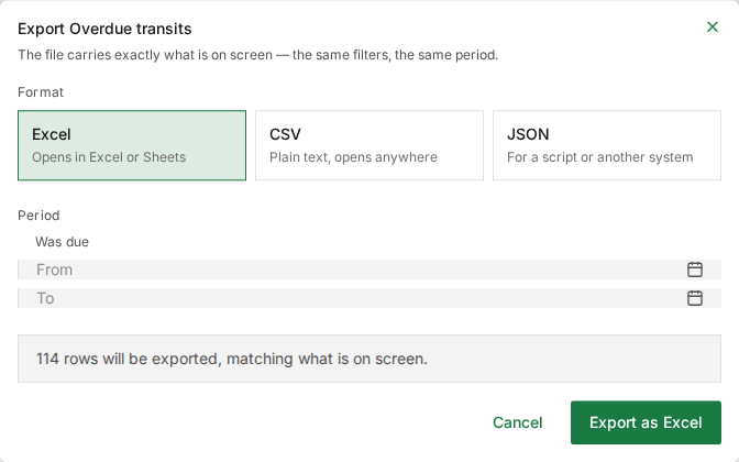 The export window for a report: Excel, CSV and JSON, the number of rows that will be exported and the period