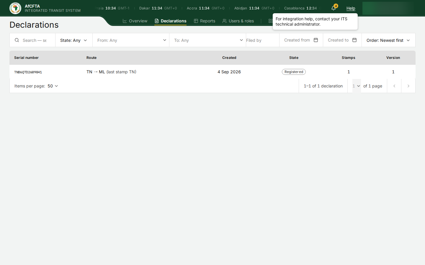 The Help popover open, reading For integration help, contact your ITS technical administrator