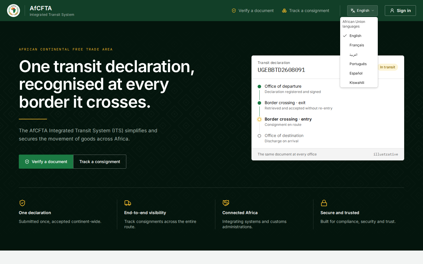 The language menu open on the public header, headed African Union languages, with English ticked above Français, العربية, Português, Español and Kiswahili