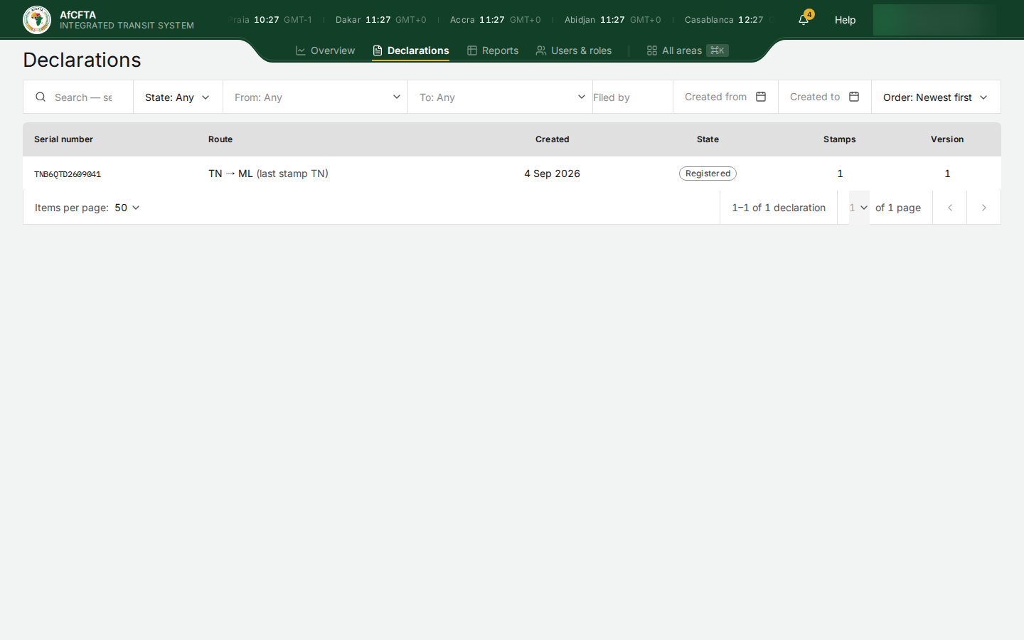 The register for a State Party, showing its one declaration, TNB6QTD2609041, Tunisia to Mali, Registered