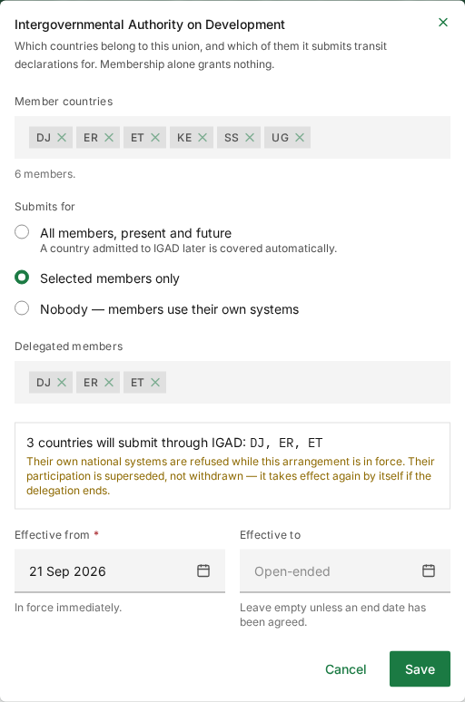 The Members and delegation window for IGAD: six member countries, Selected members only, and DJ, ER and ET as delegated members