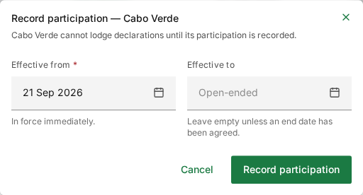 Record participation — Cabo Verde, with Effective from set to today and Effective to open-ended