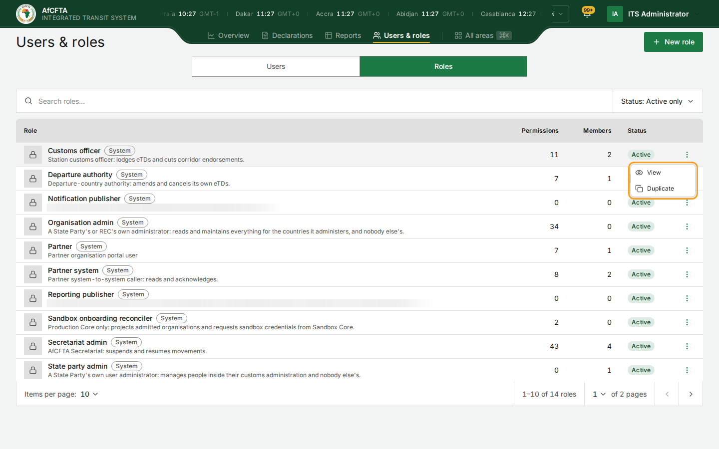 The row menu on the Customs officer system role: View and Duplicate
