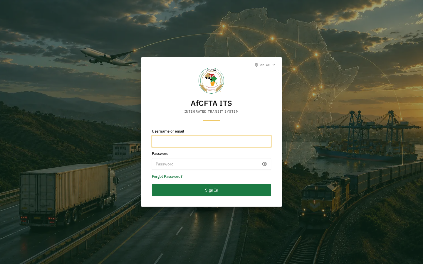 The ITS sign-in form, with the AfCFTA emblem, Username or email, Password, Forgot Password? and the Sign In button