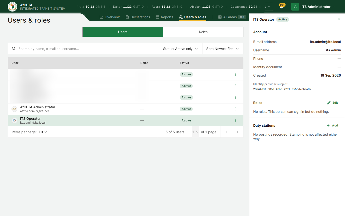 The panel for the operator account: Account details, Roles and Duty stations