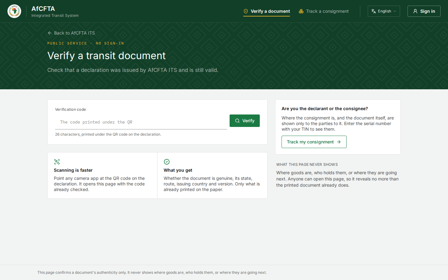 The Verify a transit document page, with the Verification code field, the Verify button, and the Scanning is faster and What you get panels