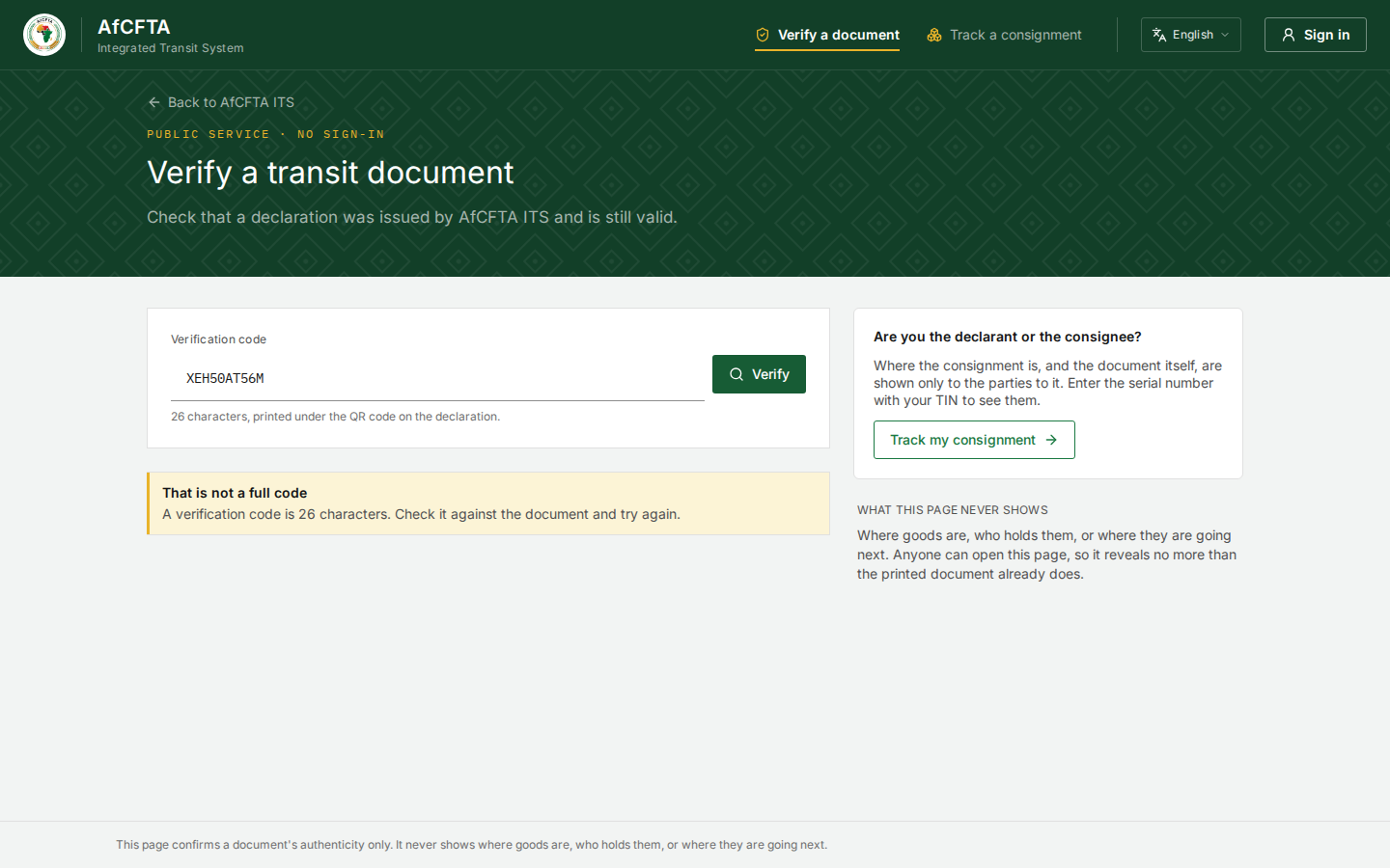 The Verify page showing That is not a full code: A verification code is 26 characters